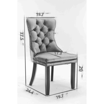 Black velvet dining chair with a patterned back and dark wood legs — dimension diagram