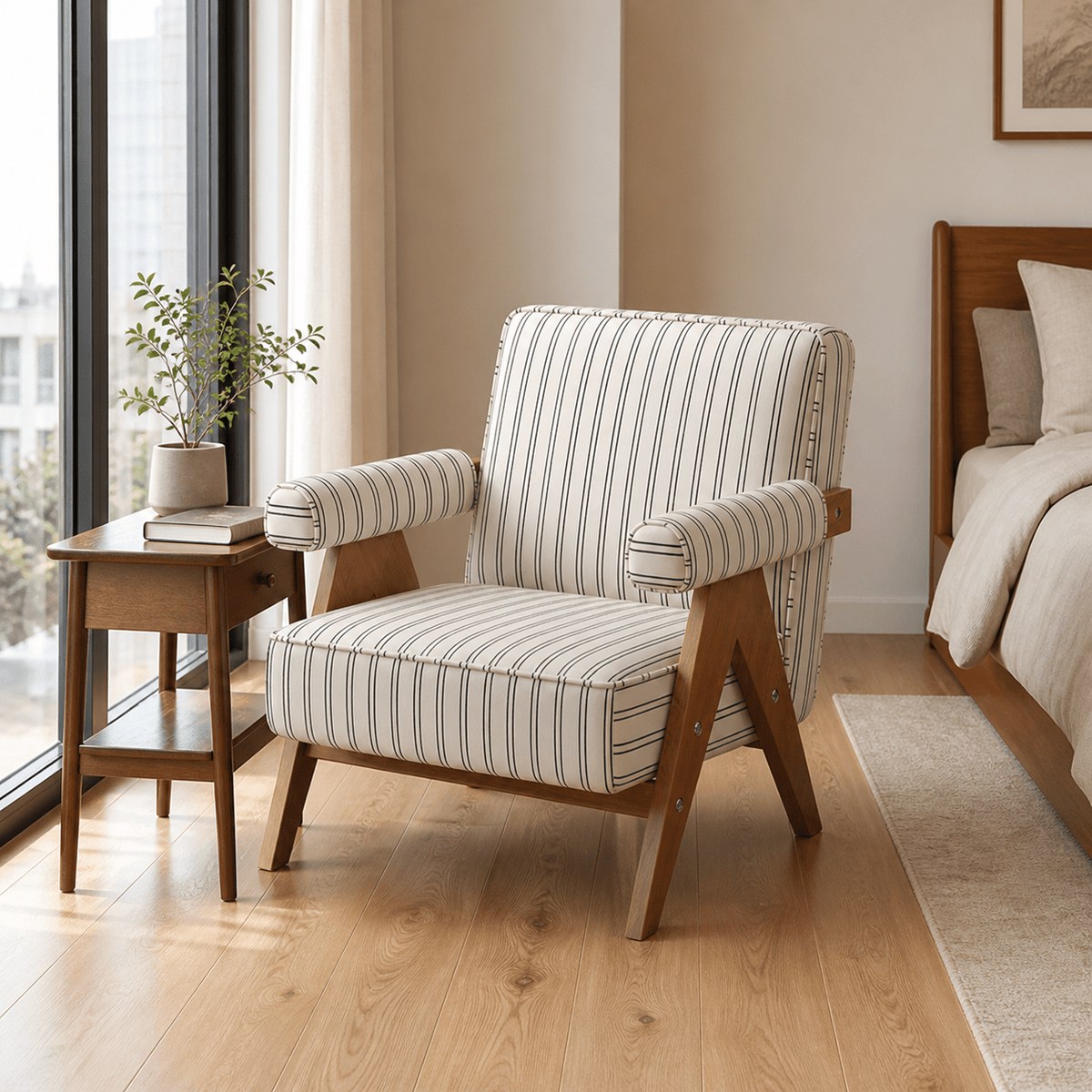 Patterned Accent Chair with Rubberwood Frame — white chair with fine dark stripes in a bedroom