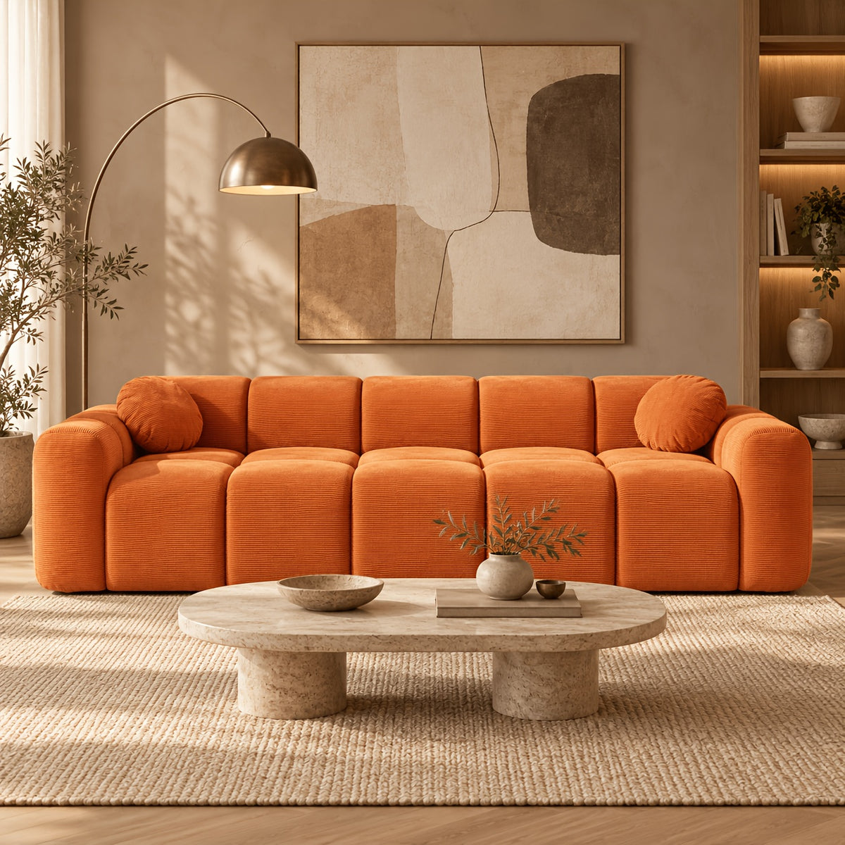 98-Inch Corduroy Low-Profile Sofa — tangerine front view in a room