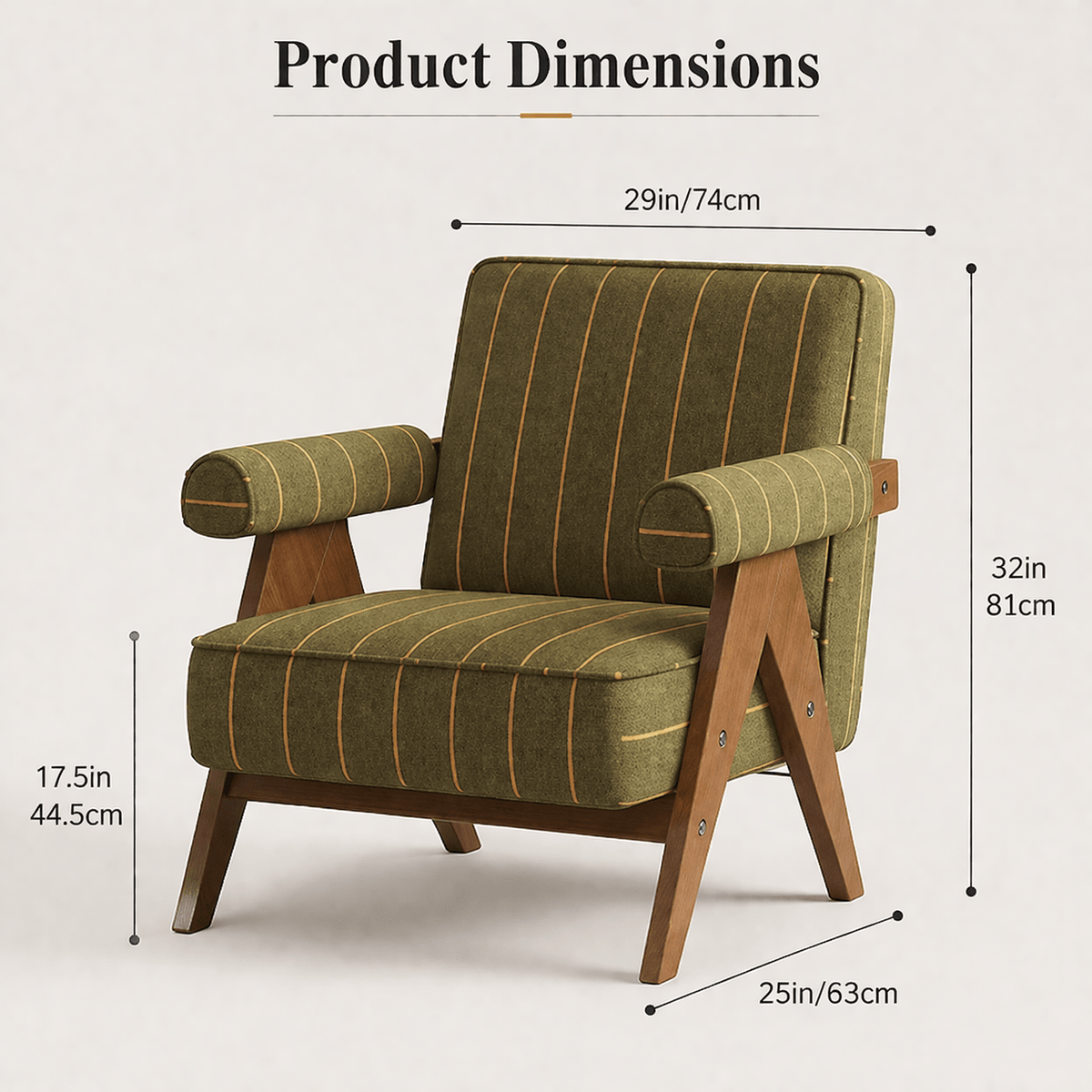 Patterned Accent Chair with Rubberwood Frame — green striped chair dimensions diagram