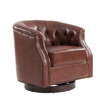 Brown genuine leather Chesterfield swivel rocking armchair with rolled arms
