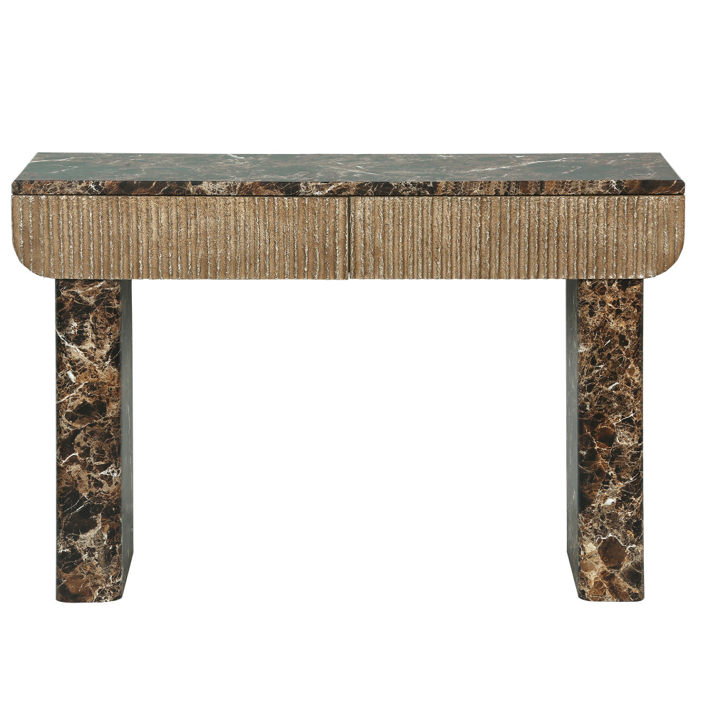 Front view of the dark veined console with two fluted drawers and slab legs.