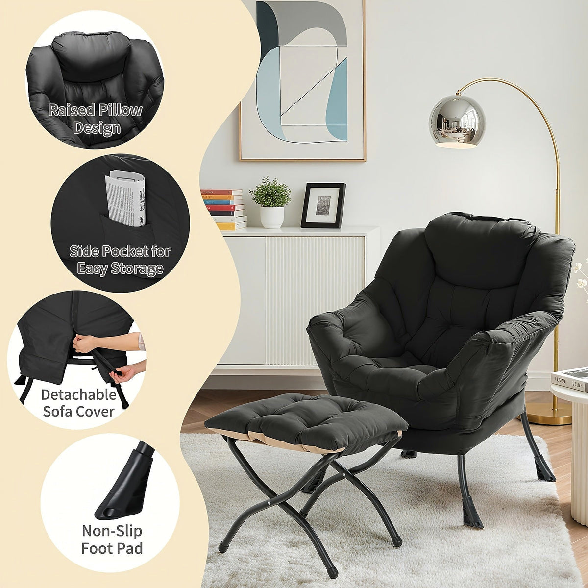 Black cushioned lounge chair and matching footstool with a black metal frame — chair and footstool details