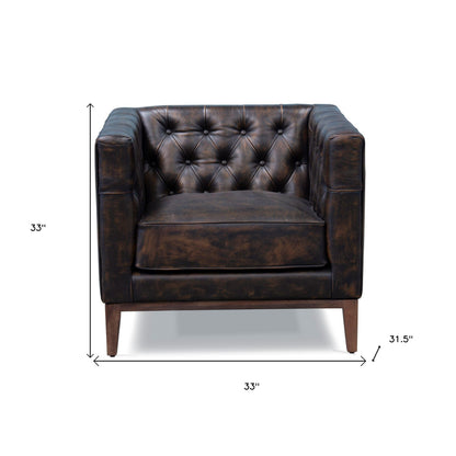 33" Brown and Black Antiqued Top Grain Leather Tufted Club Chair - 555320