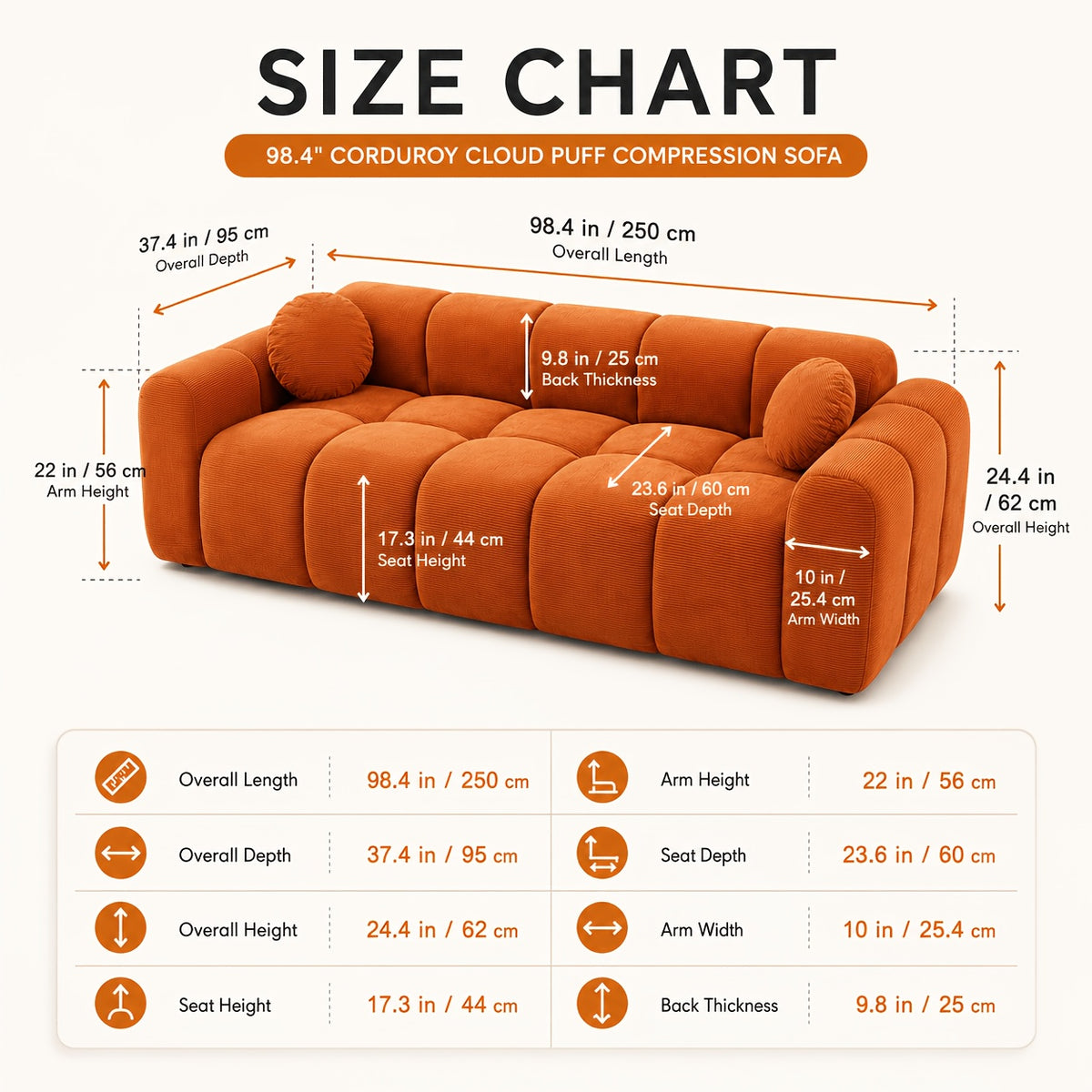 98-Inch Corduroy Low-Profile Sofa — overall and seat dimensions diagram