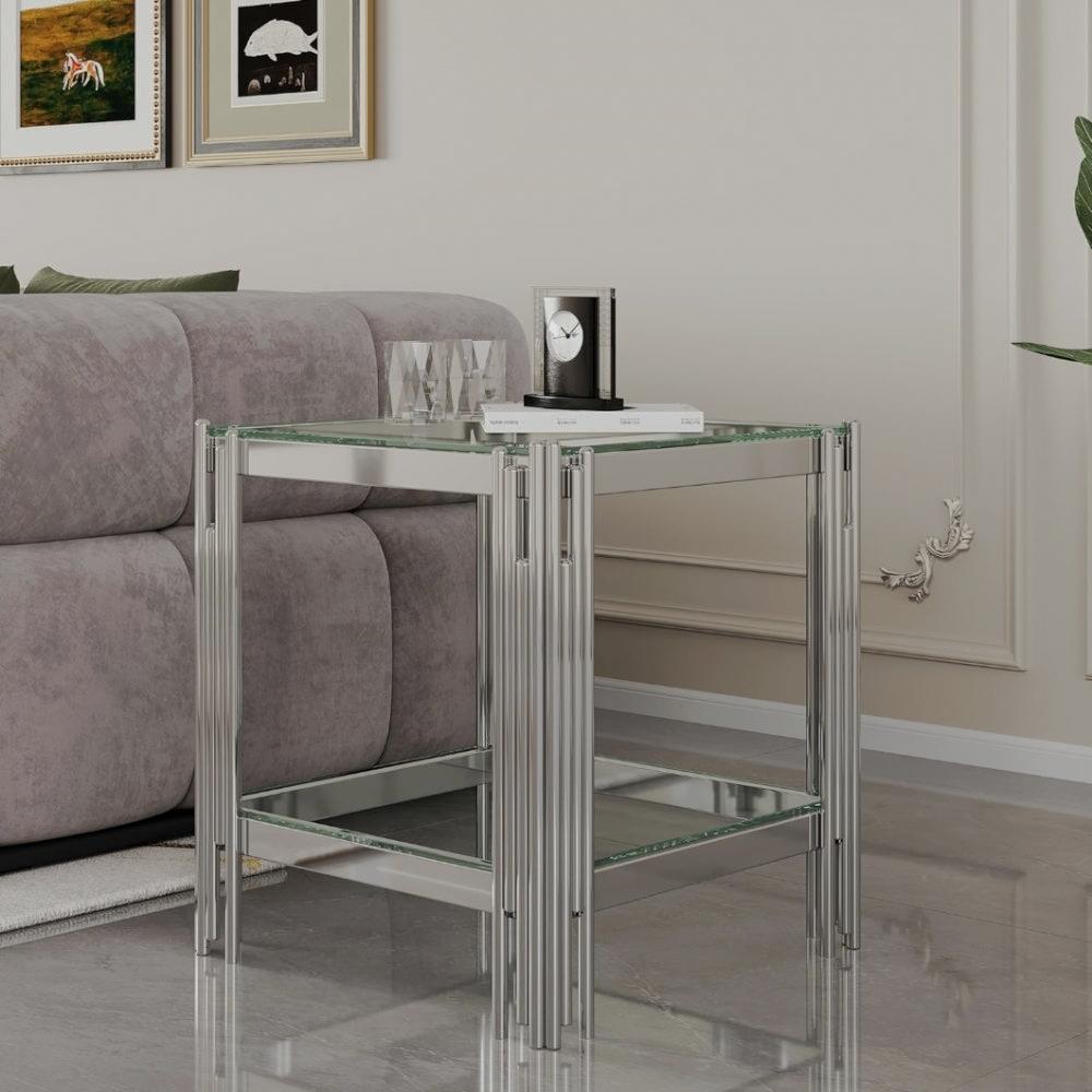Square Two-Tier Glass End Table with Metal Frame