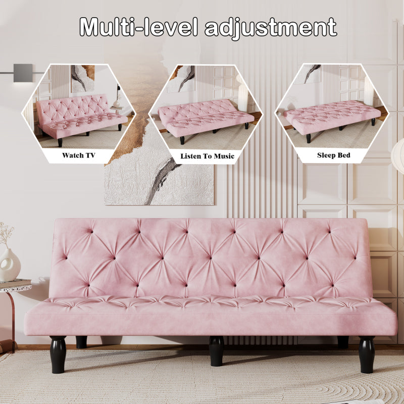 Collage showing the pink sofa bed in upright, reclined and flat configurations