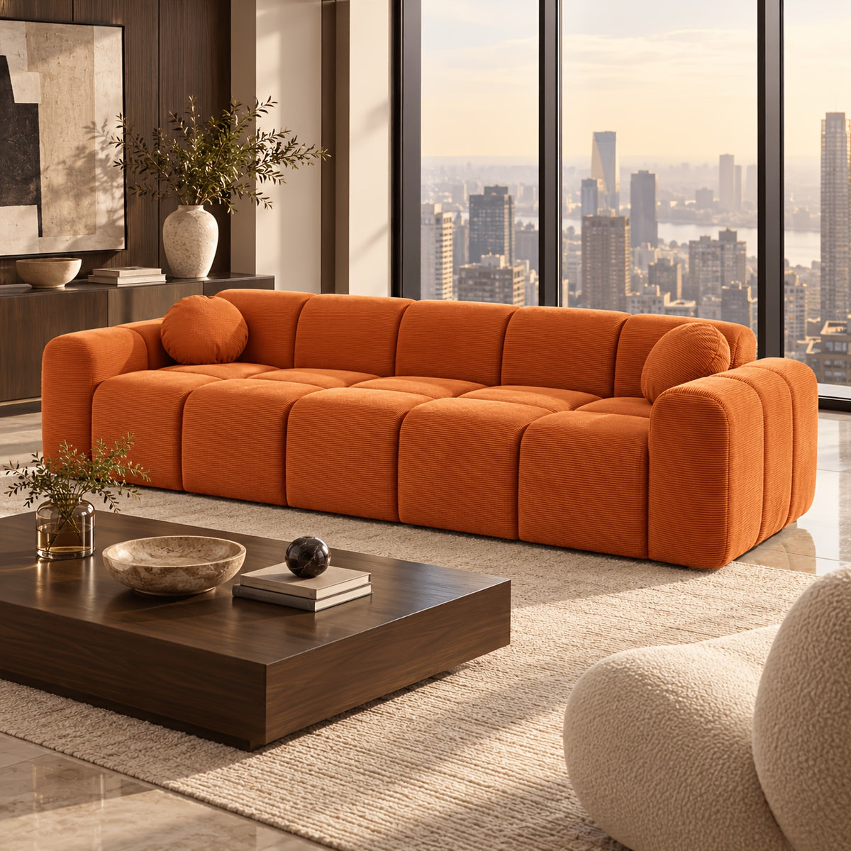 98-Inch Corduroy Low-Profile Sofa — tangerine front three-quarter view in a living room