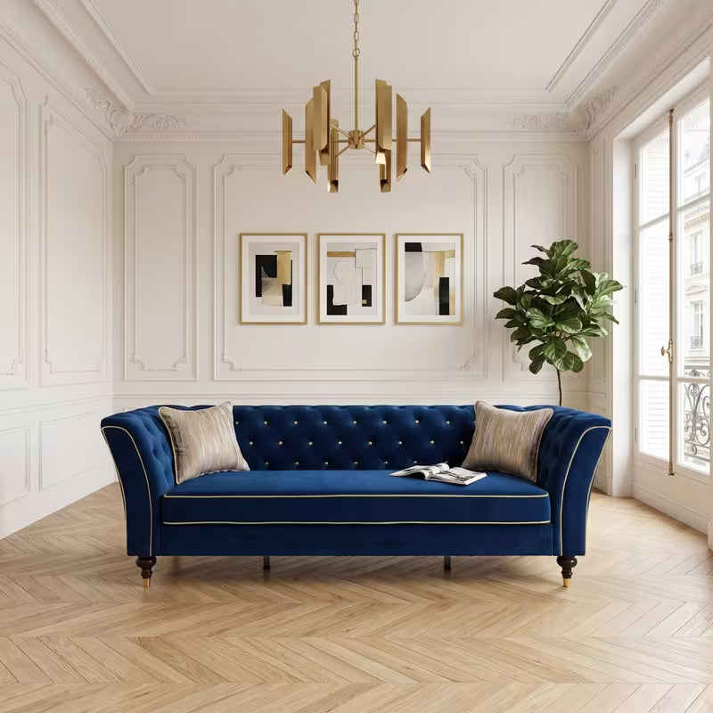 Chesterfield Sofa with Contrast Piping — blue upholstery option.