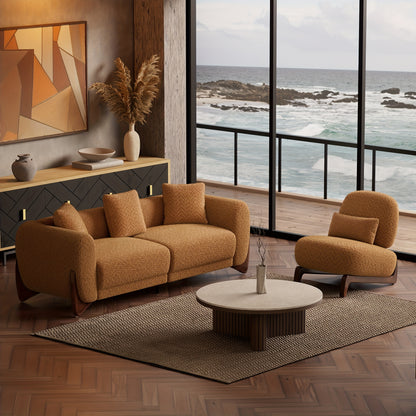 Morden Fort Boucle Sofa and Accent Chair Set — boucle sofa and accent chair in a coastal room.