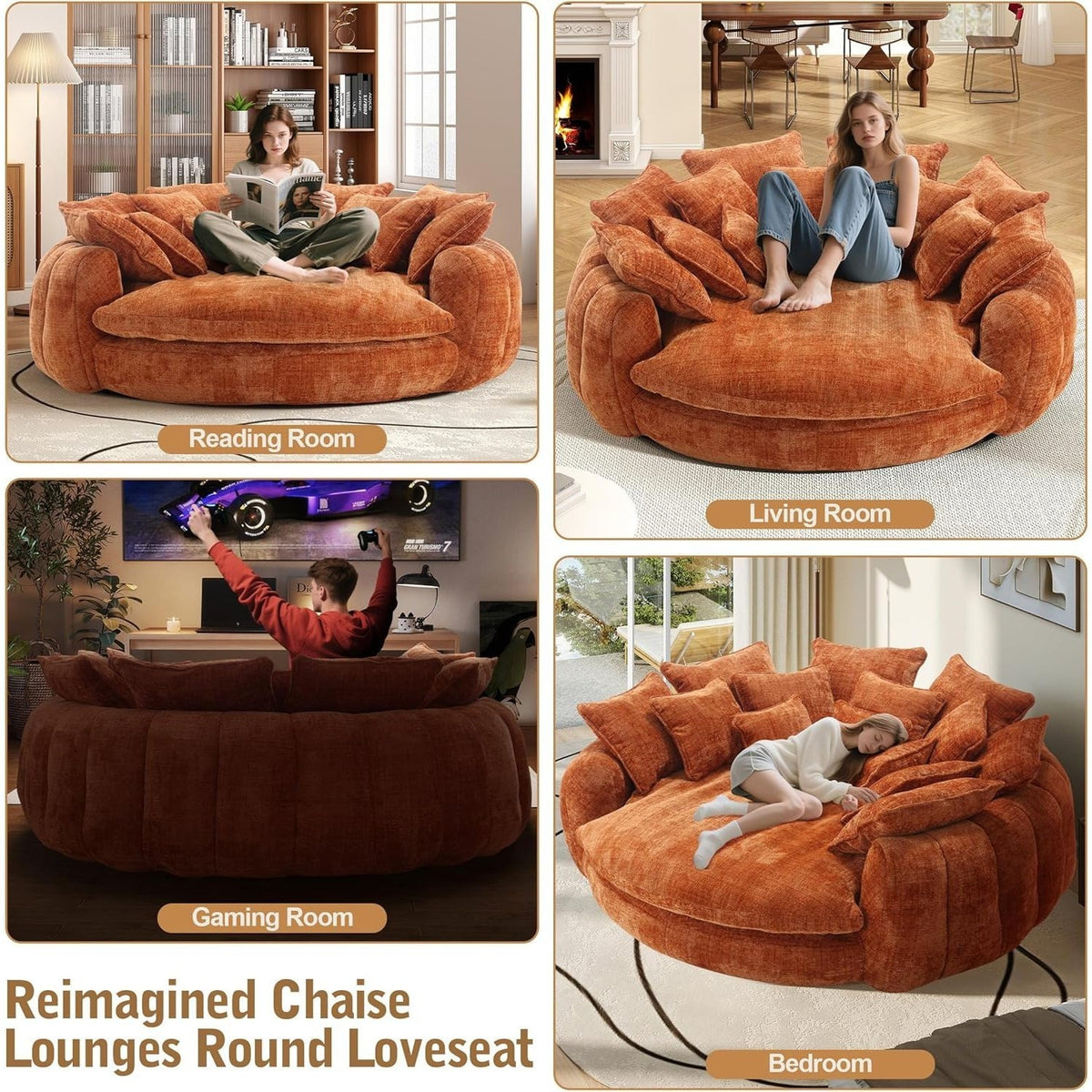 Oversized Round Chenille Lounge Sofa — orange sofa room-use examples.