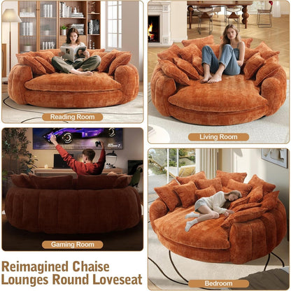 Oversized Round Chenille Lounge Sofa — orange sofa room-use examples.