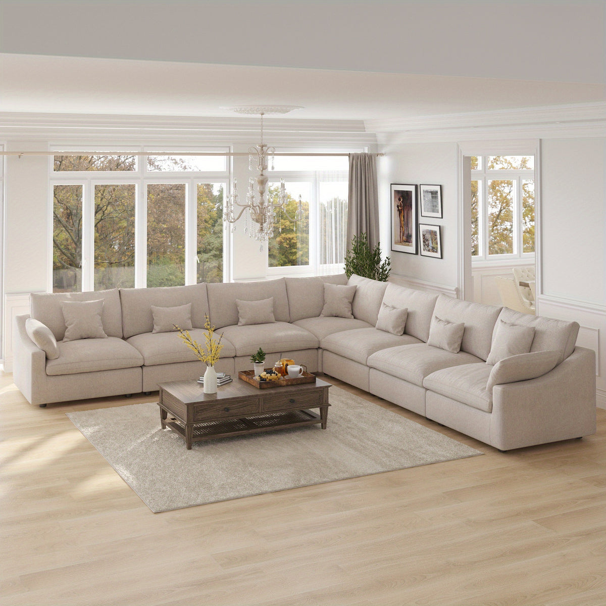 155-Inch Chenille L-Shaped Modular Sectional — white L-shaped sectional in a living room