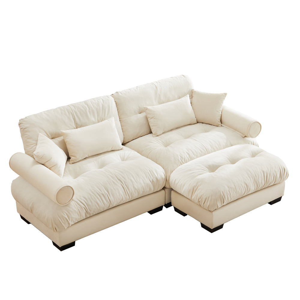 Cream Velvet Sofa with Matching Ottoman — three-quarter product view on white.