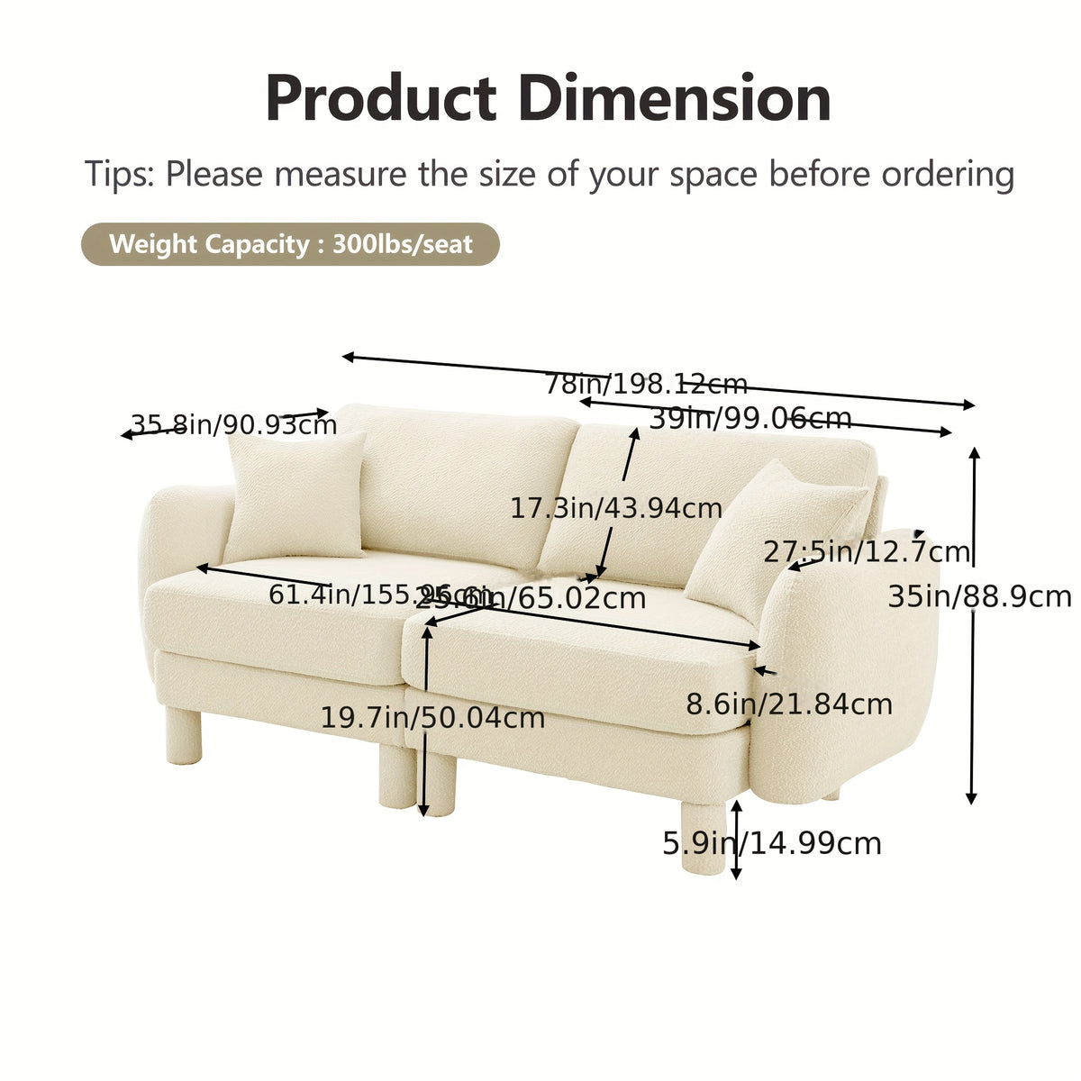 Boucle Modular Loveseat with Rounded Arms — supplier dimension diagram.