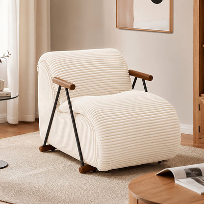 Beige wide corduroy lounge chair with wood arms and a black metal frame