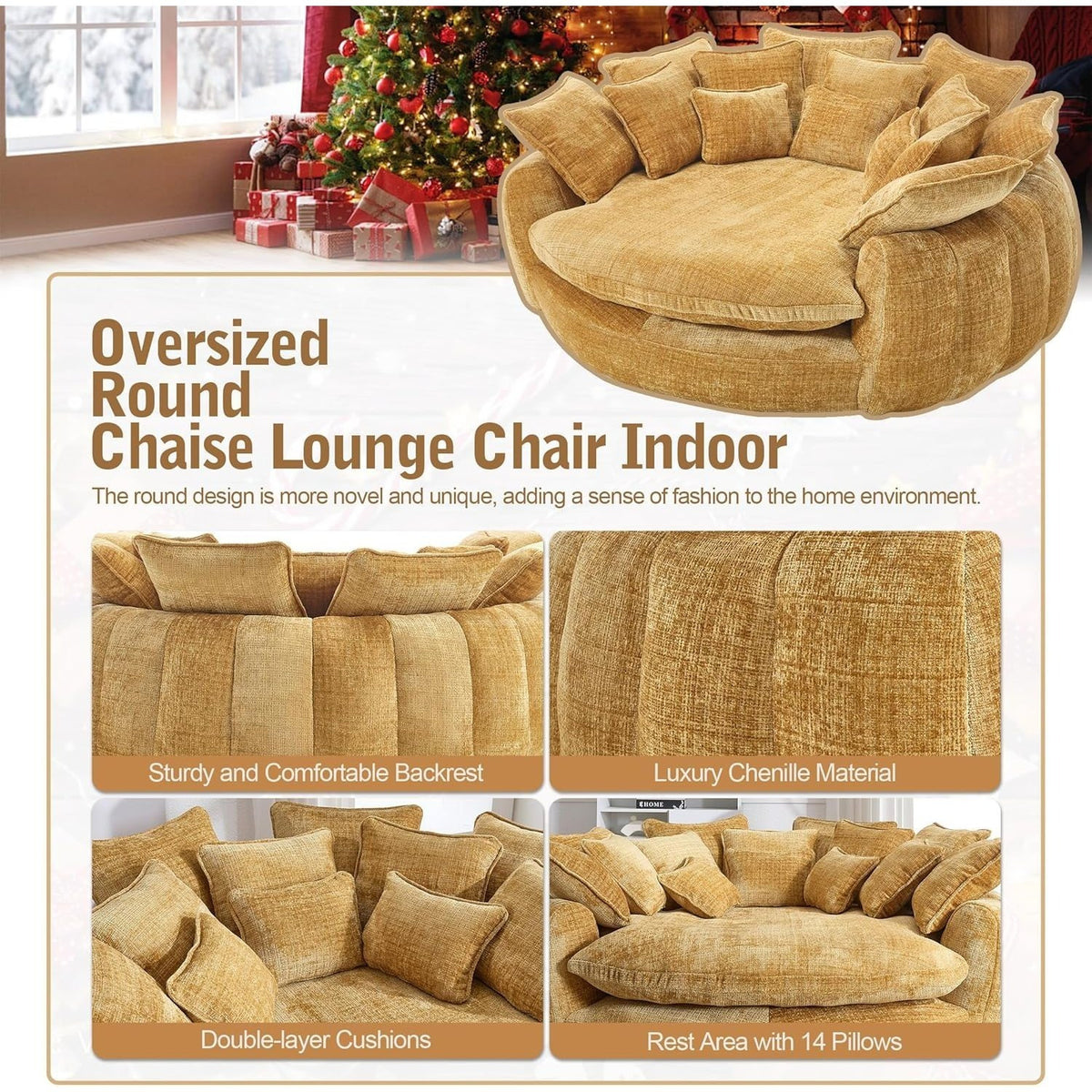 Oversized Round Chenille Lounge Sofa — yellow chenille and pillow detail panel.