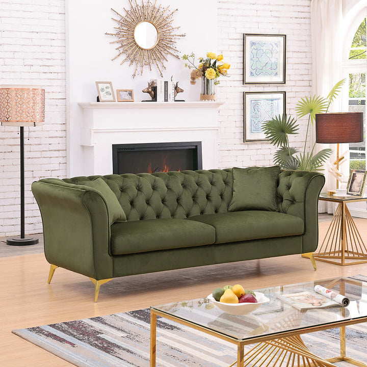 Angled front view of the Stanford green tufted sofa