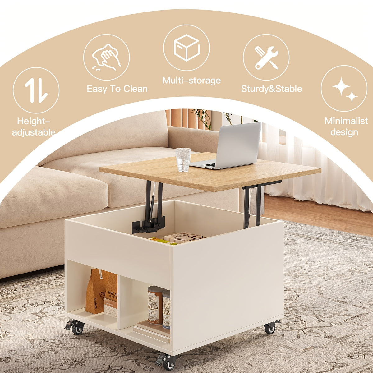Supplier feature graphic for adjustable lift-top storage table