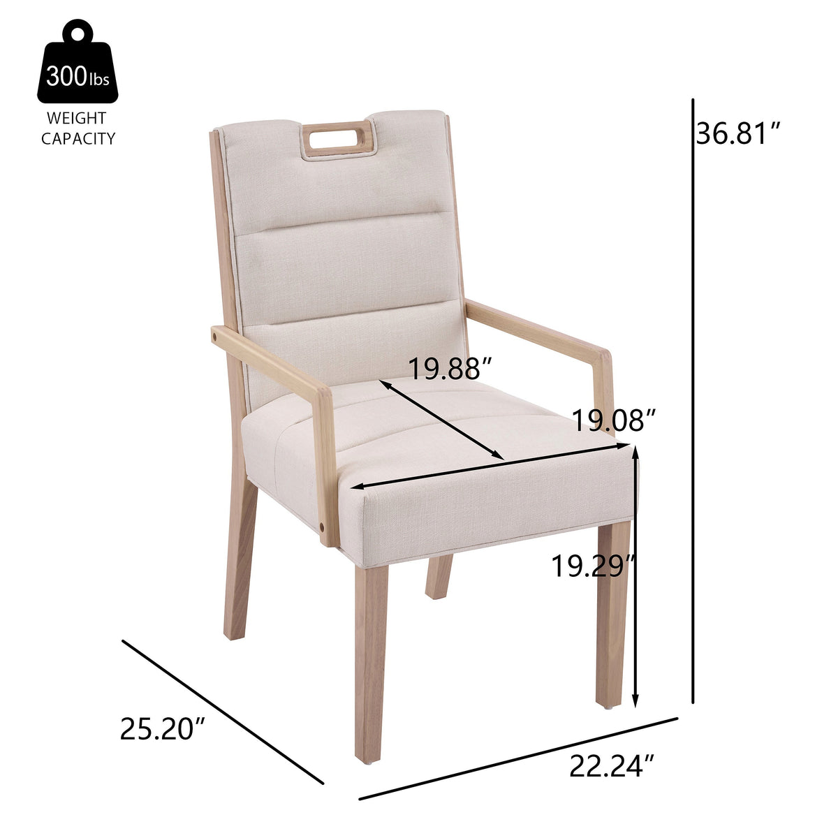 Natural finish beige upholstered dining armchair with a rubberwood frame — dimension diagram