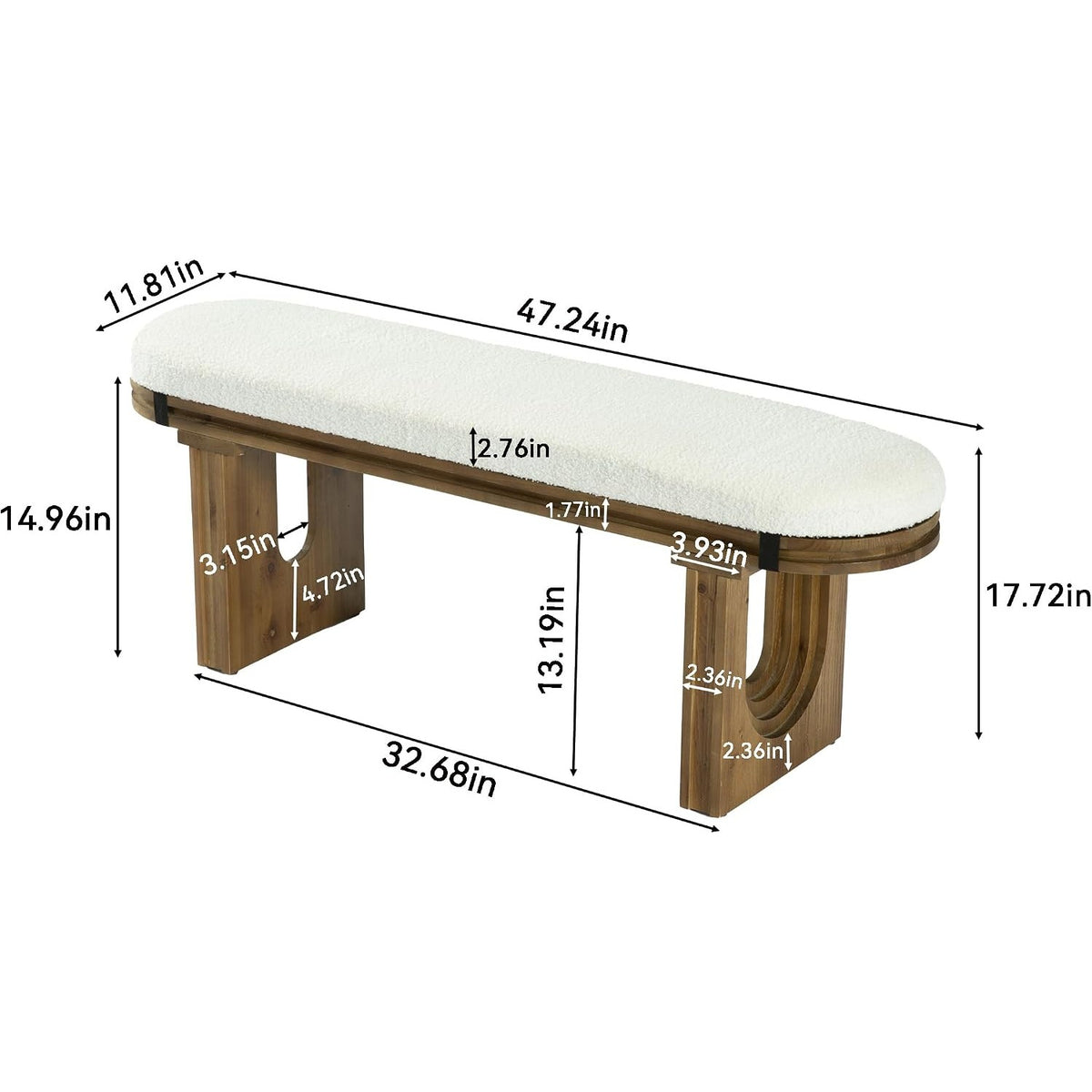 47-Inch Cream Seat Bench with Arched Wood Legs — overall and wood-leg dimensions diagram