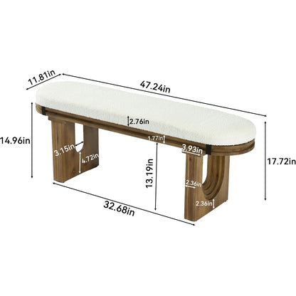 47-Inch Cream Seat Bench with Arched Wood Legs — overall and wood-leg dimensions diagram
