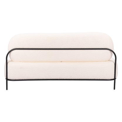 Rear view of the vanilla sofa showing its continuous black steel back and base frame.