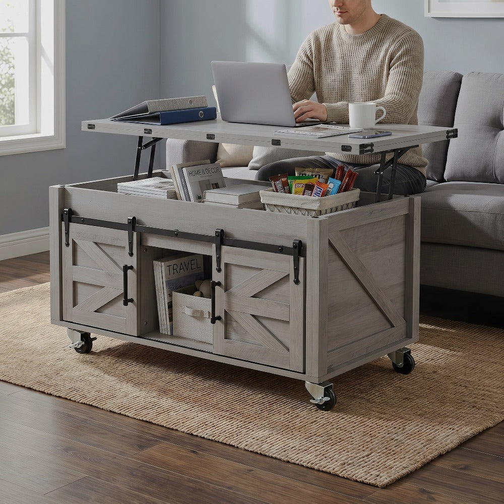 Gray rolling lift-top coffee table opened beside a sofa