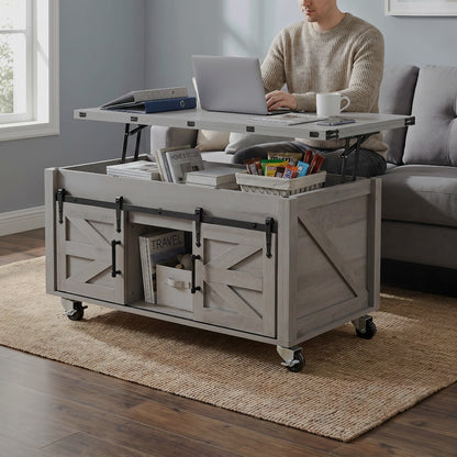 Gray rolling lift-top coffee table opened beside a sofa