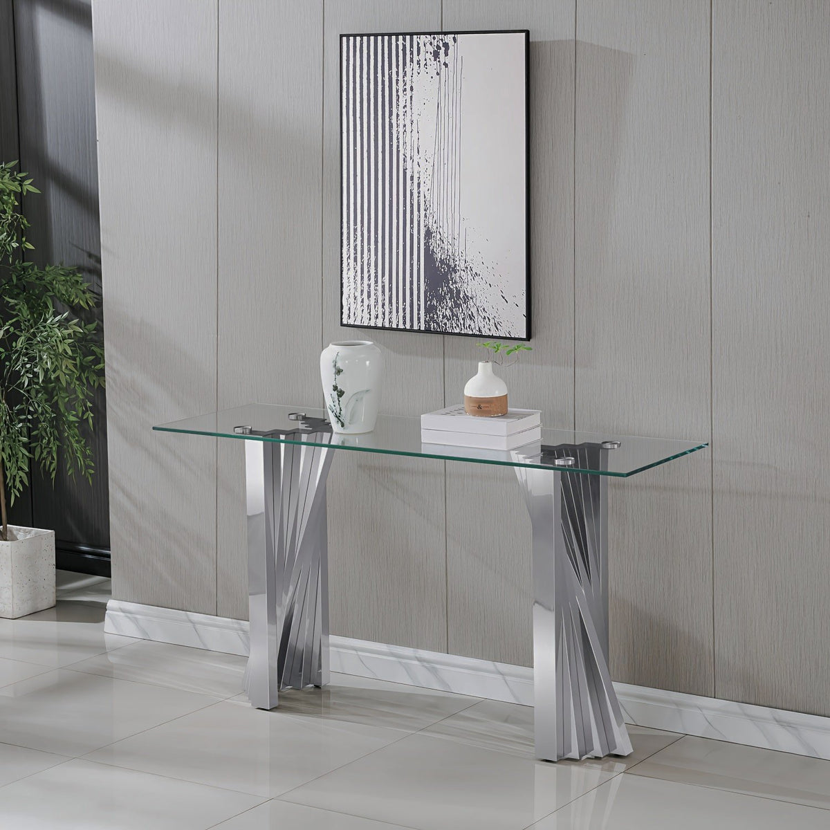 Glass-Top Tables with Twisted Stainless-Steel Bases - SILVERY