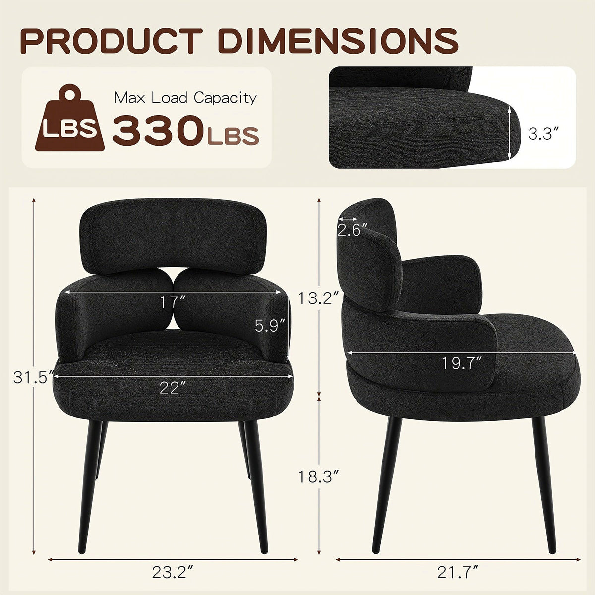 Black chenille accent chair with a segmented padded back and black metal legs — dimension diagram