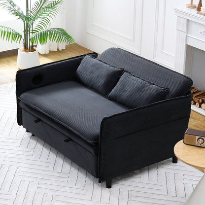 Ribbed Convertible Sleeper Sofa with Cup Holders — three-quarter sofa view with lowered arms.