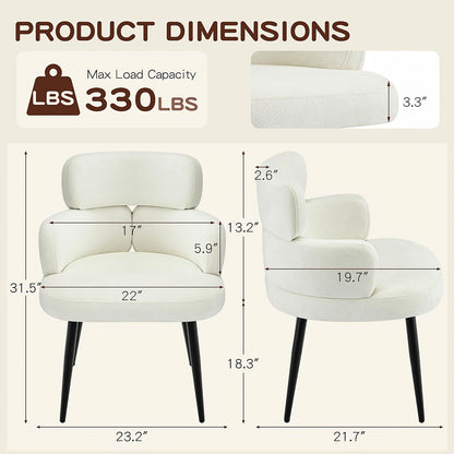 White chenille accent chair with a segmented padded back and black metal legs