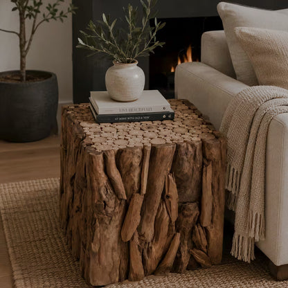 Natural brown cube end table with root-like sides beside a sofa