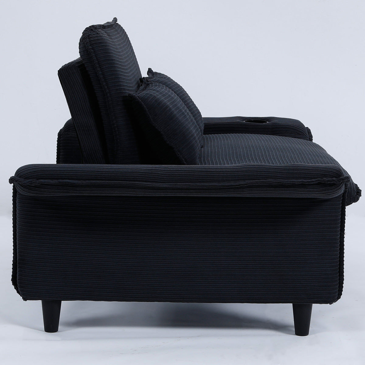 Ribbed Convertible Sleeper Sofa with Cup Holders — side view with back upright.