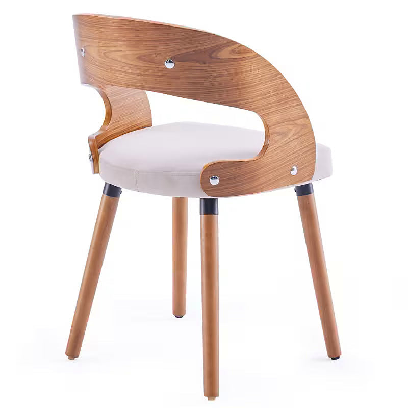 White upholstered dining chair with a curved brown wood look back
