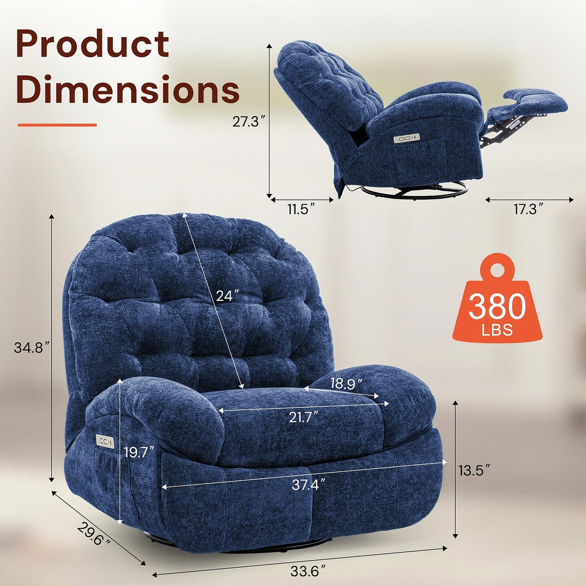 Blue chenille power swivel rocker recliner with a side pocket
