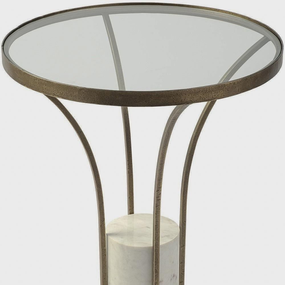 Round Glass Side Table with Marble Pedestal