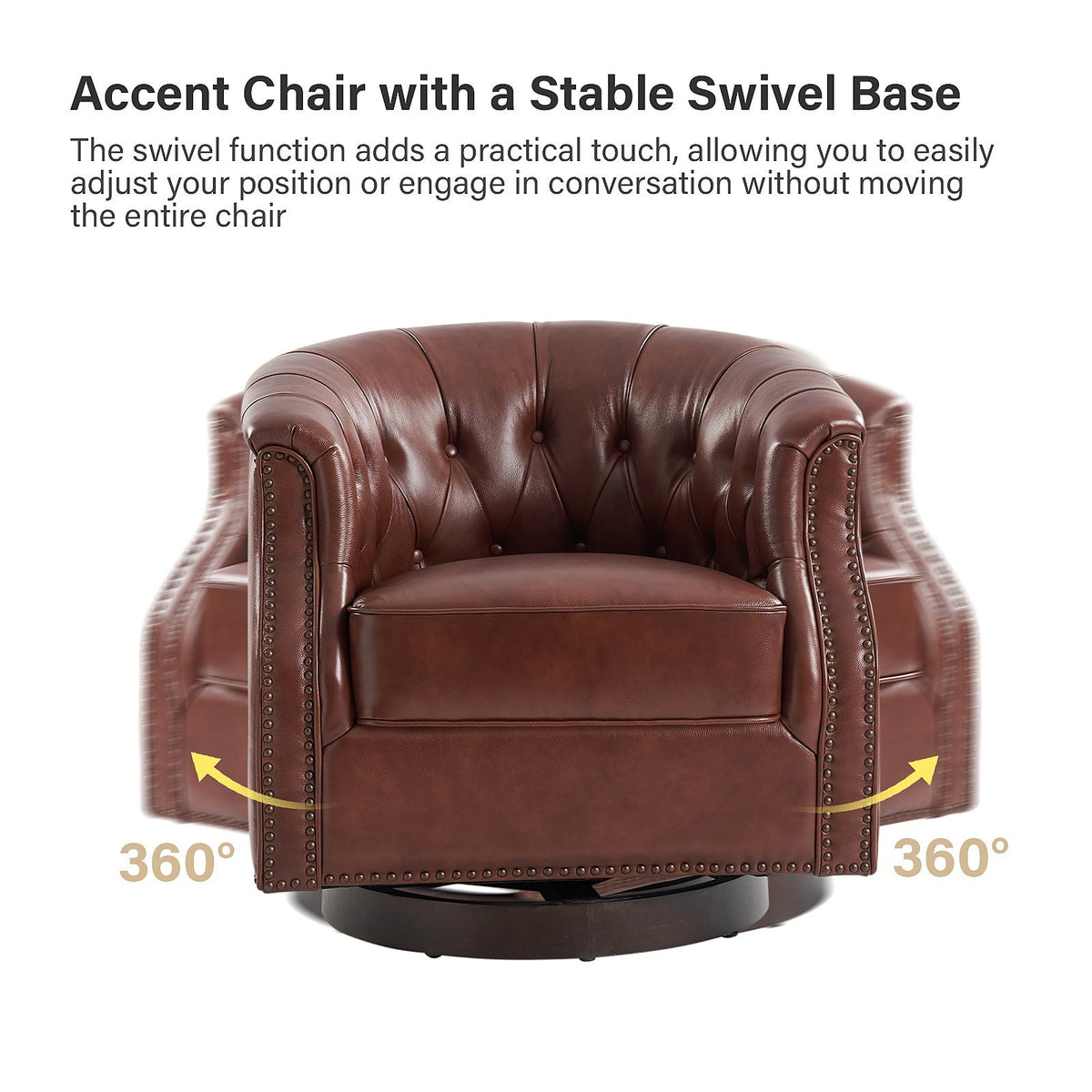 Brown genuine leather Chesterfield swivel rocking armchair with rolled arms