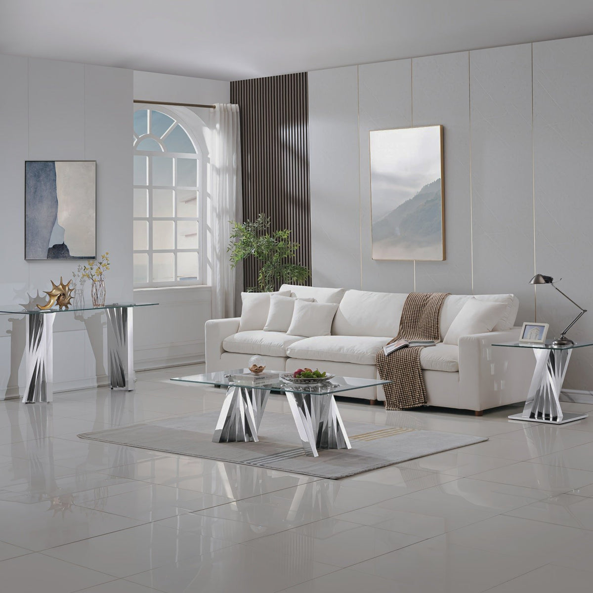 Glass-Top Tables with Twisted Stainless-Steel Bases
