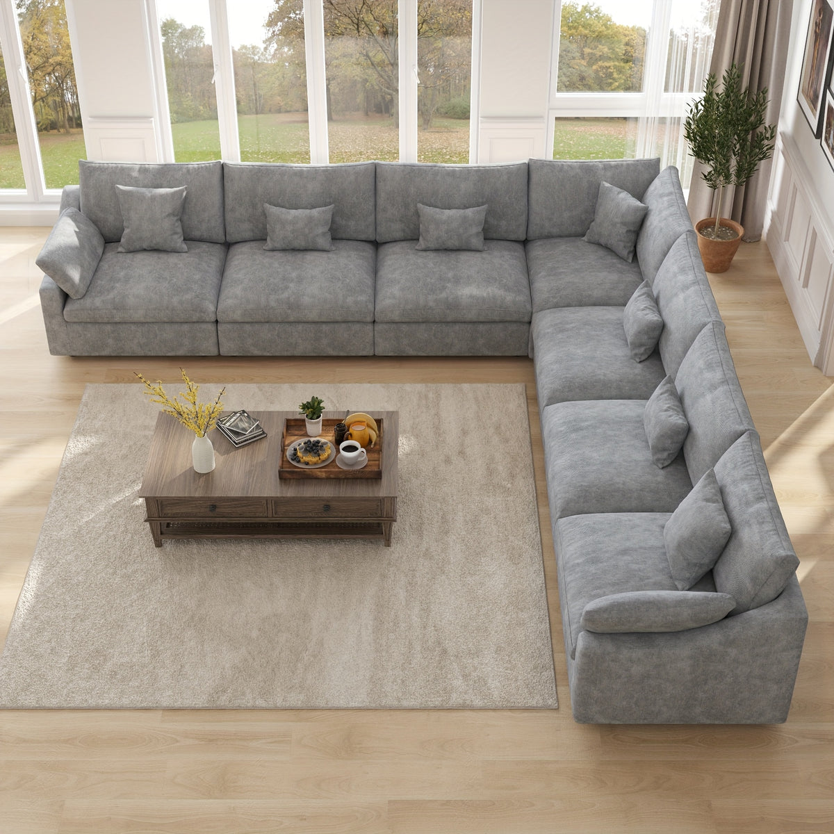 155-Inch Chenille L-Shaped Modular Sectional — grey overhead L-shaped layout