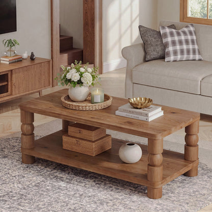 Angled view of turned-leg coffee table with storage basket