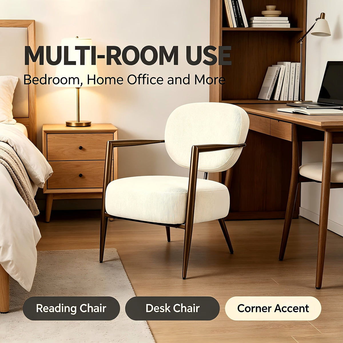 White fabric accent chair with an oval back and gold tone metal frame