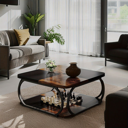 Brown square coffee table with open shelf in a sunlit seating area