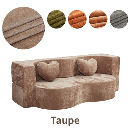 Taupe curved-front loveseat with heart pillows and color swatches