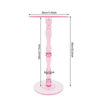 Dimension diagram showing the pink acrylic table at 11.8-inch diameter and 23.2-inch height
