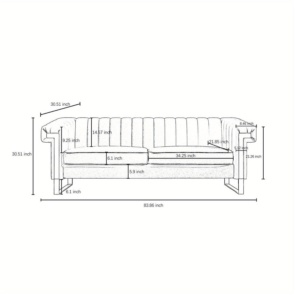 Orange Channel-Tufted Velvet Sofa — supplier dimension diagram.