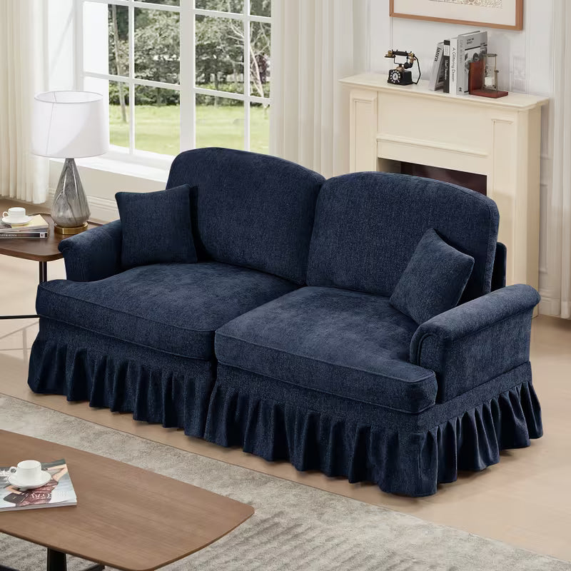 Navy Chenille Loveseat with Ruffled Skirt — angled view of cushions and skirt.