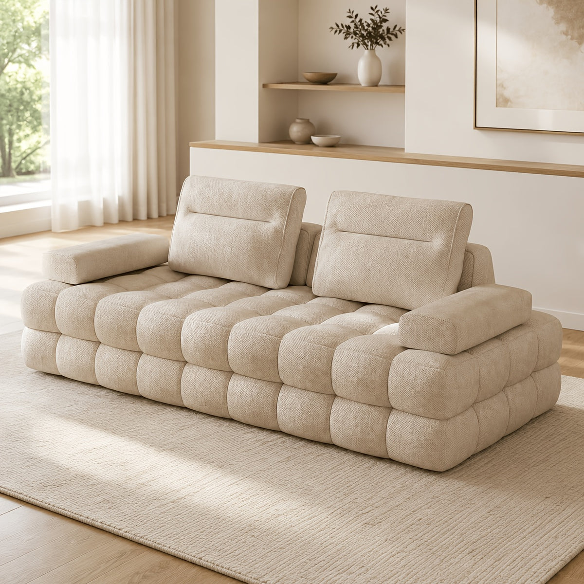 88-Inch Chenille Modular Cloud Loveseat — camel side three-quarter view in a room