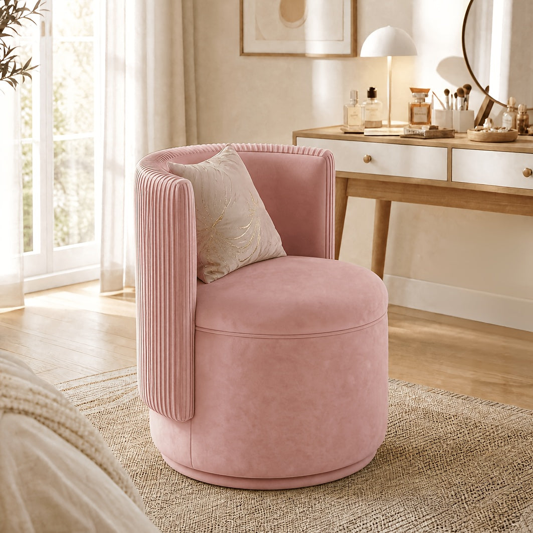 Pink velvet curved-back swivel storage chair at vanity